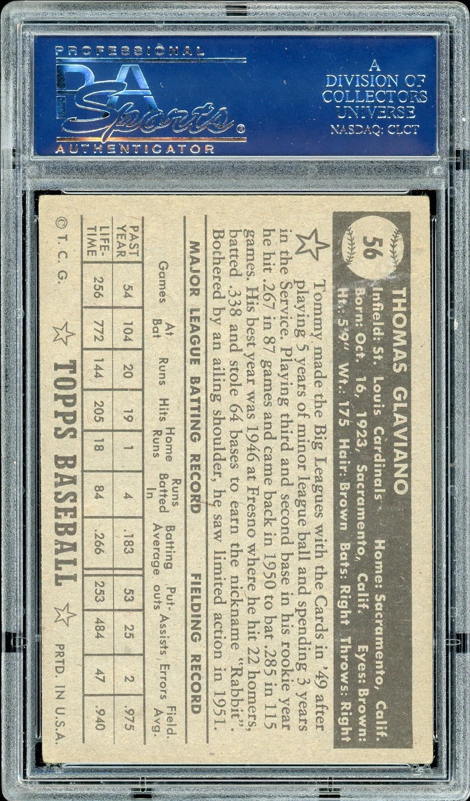 1952 Topps #56 Tommy Glaviano Black Back PSA 3 VG
