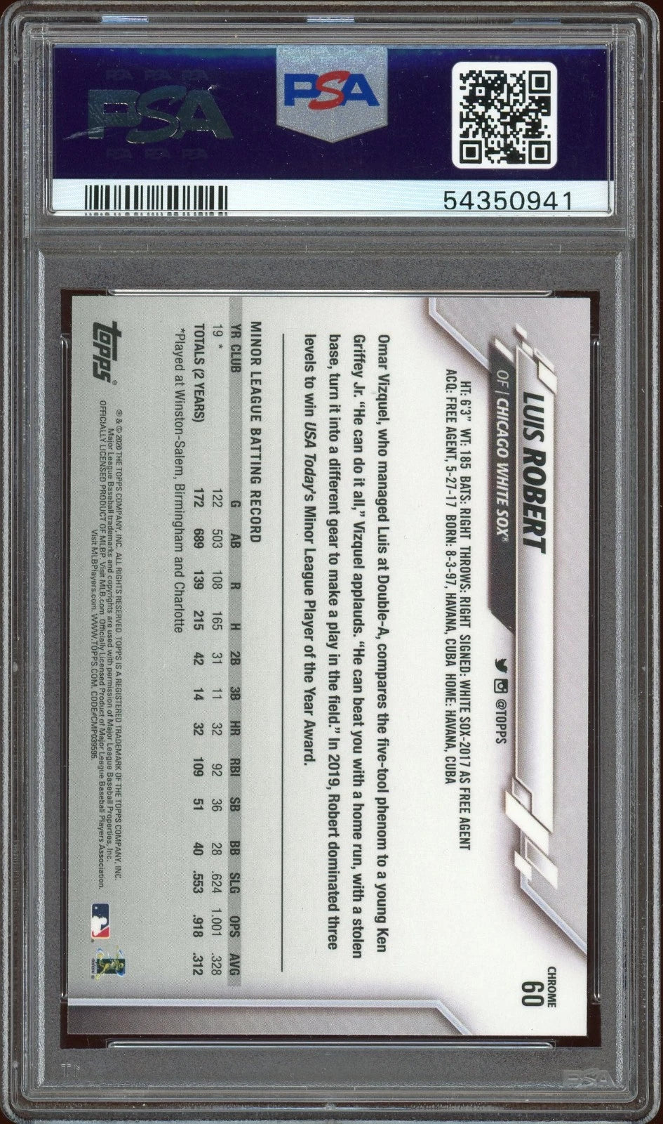 2020 Topps Chrome #60 Luis Robert Prism Refractor PSA 10 GEM MT