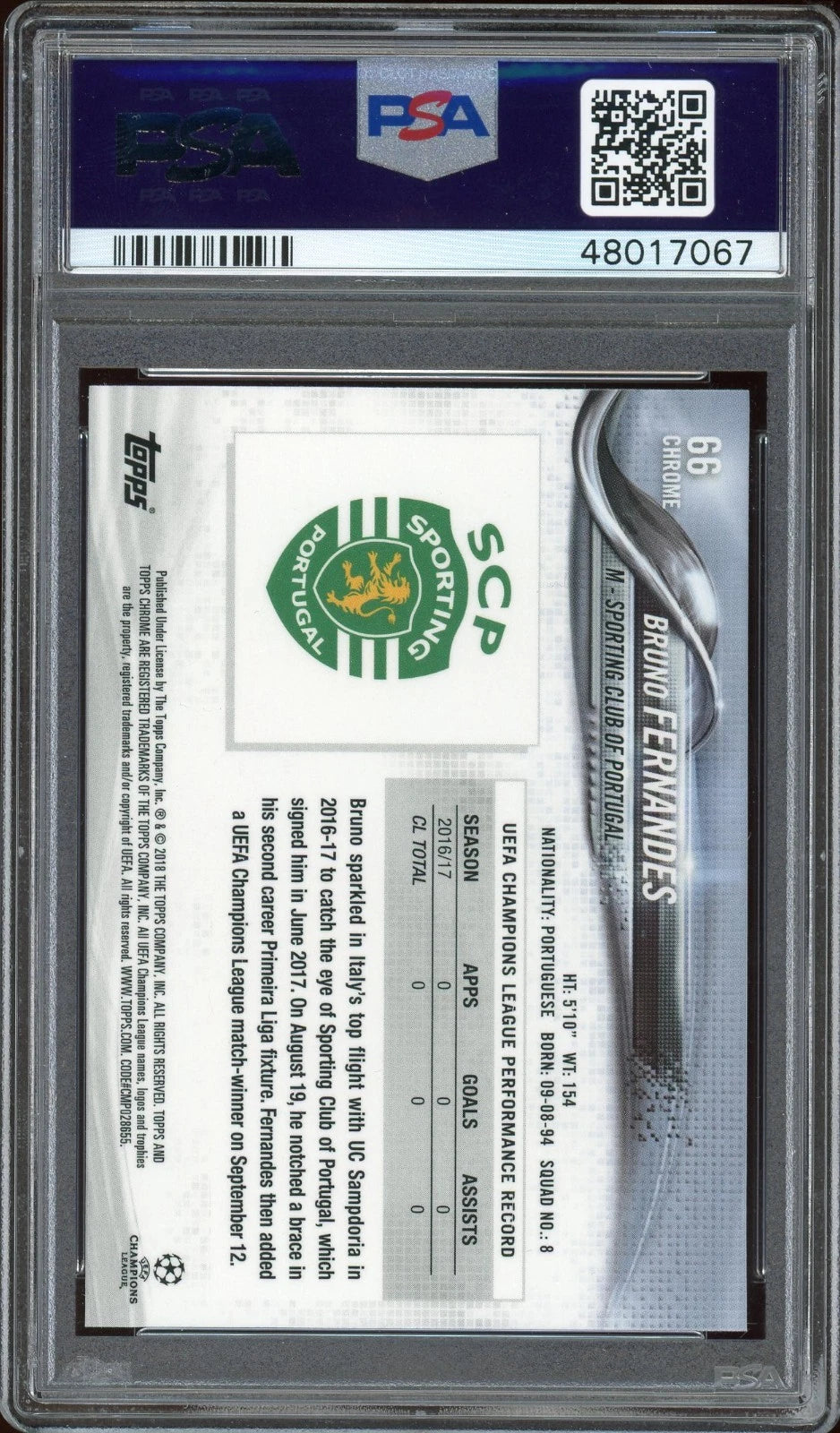 2017 Topps Chrome UEFA #66 Bruno Fernandes Champions League PSA 10 GEM MT