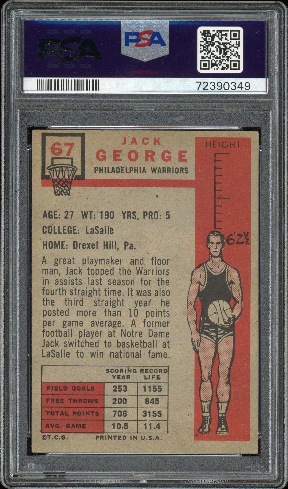1957 Topps #67 Jack George PSA 4 VG-EX