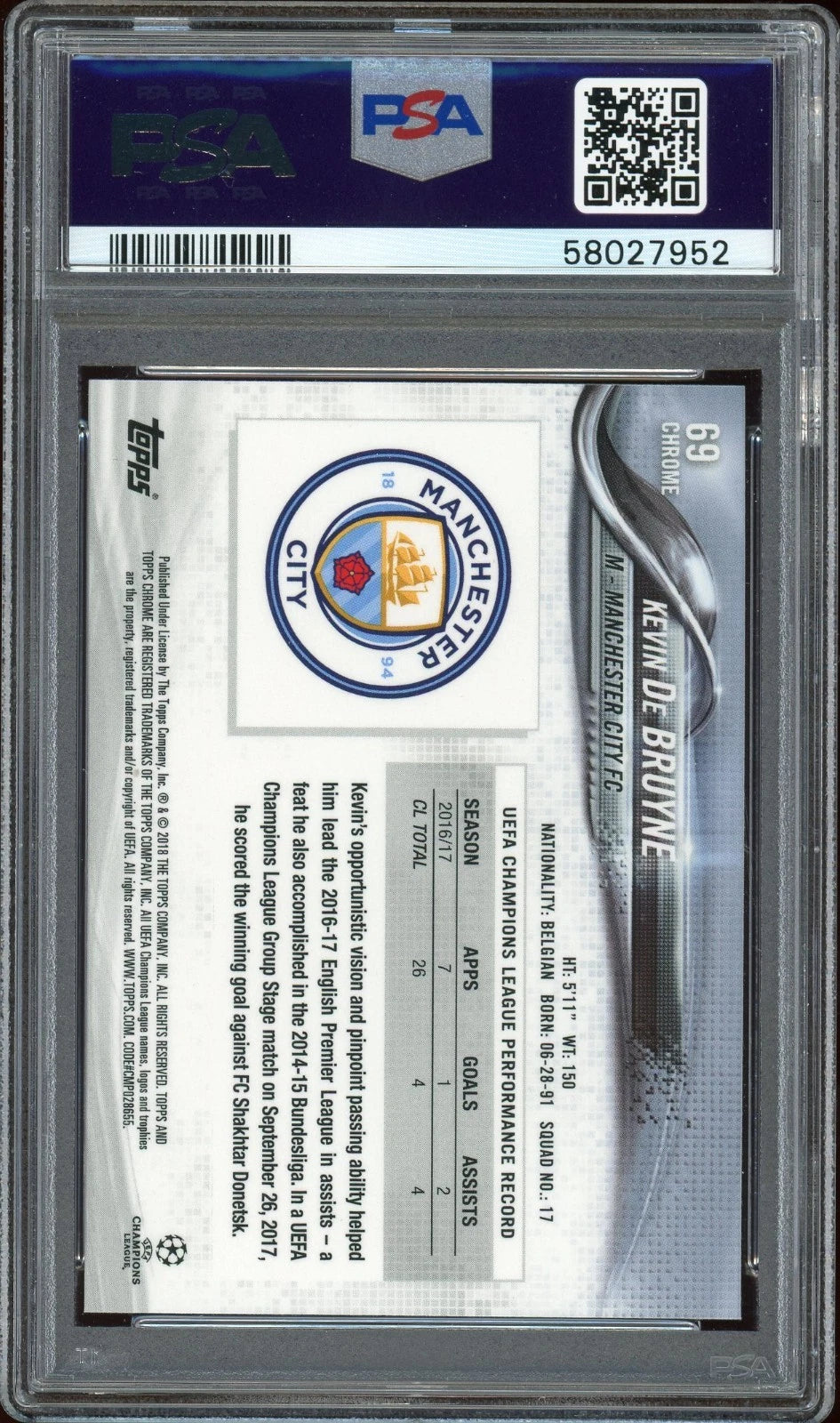 2017 Topps Chrome UEFA #69 Kevin De Bruyne Champions League PSA 9 Mint