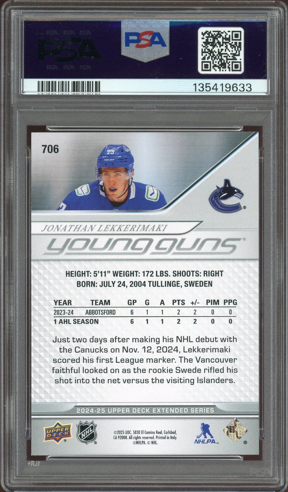 2024 Upper Deck #706 Jonathan Lekkerimaki PSA 9 Mint