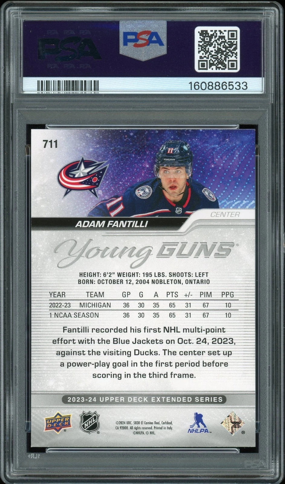 2023 Upper Deck #711 Adam Fantilli PSA 9 Mint