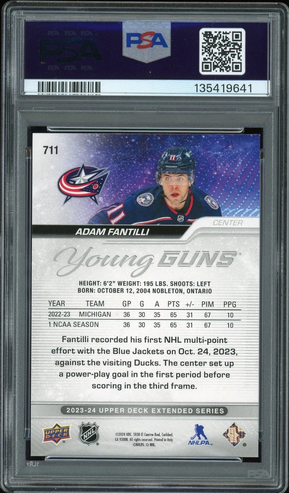 2023 Upper Deck #711 Adam Fantilli PSA 9 Mint