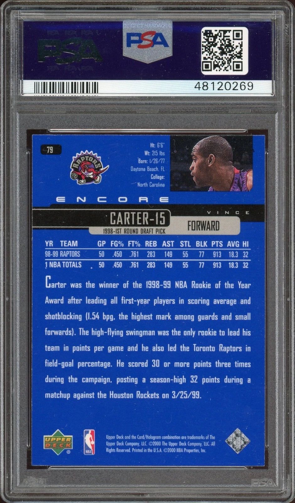 1999 U.D. Encore #79 Vince Carter PSA 9 Mint