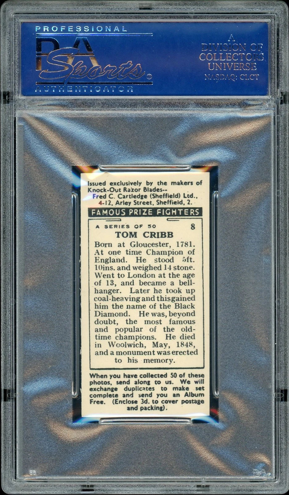 1938 F.C. Cartledge #8 Tom Cribb Famous Prize Fighters PSA 8 NM-MT