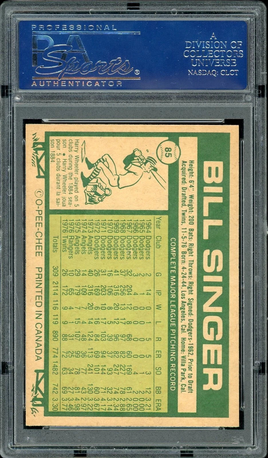 1977 O-Pee-Chee #85 Bill Singer PSA 9 Mint