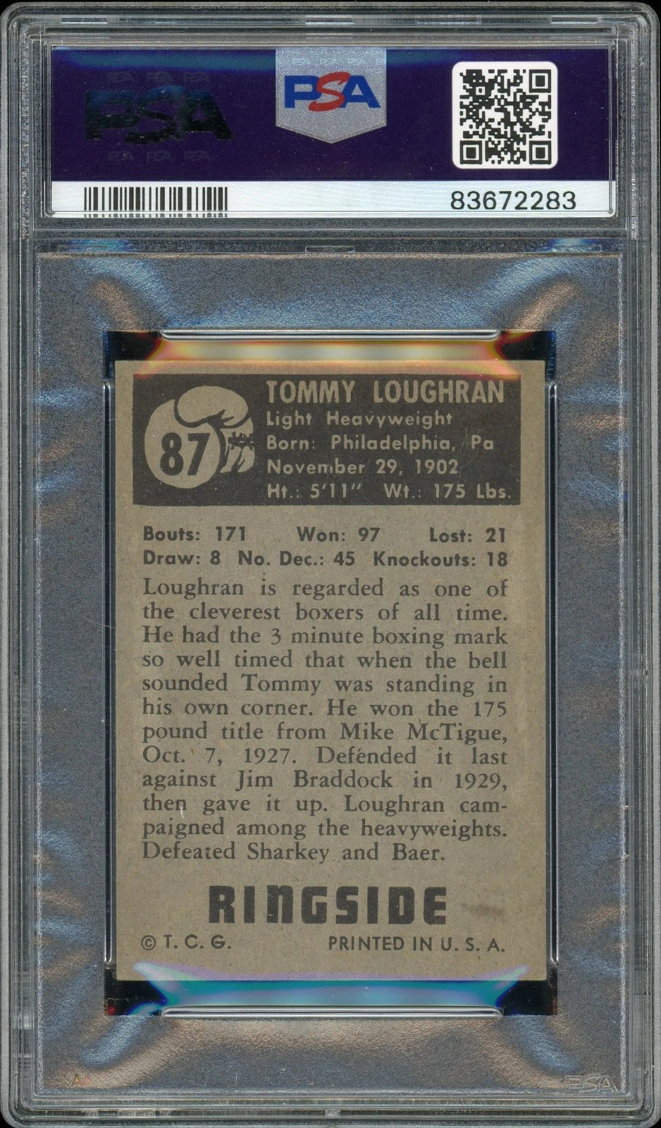1951 Topps Ringside #87 Tommie Loughran PSA 4 VG-EX