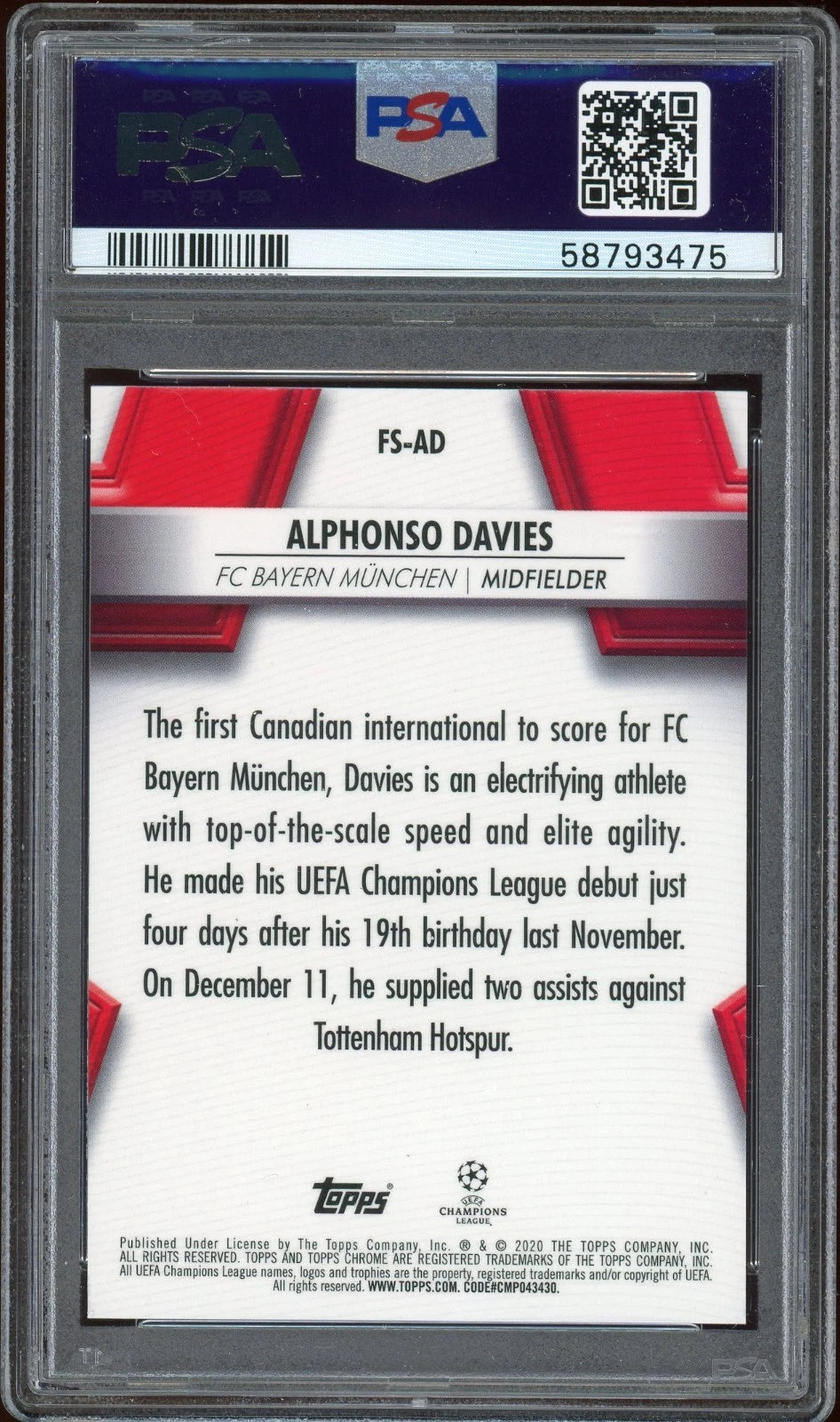 2019 Topps Chrome UCL Sapphire Edition #FS-AD Alphonso Davies Future Stars PSA 9 Mint