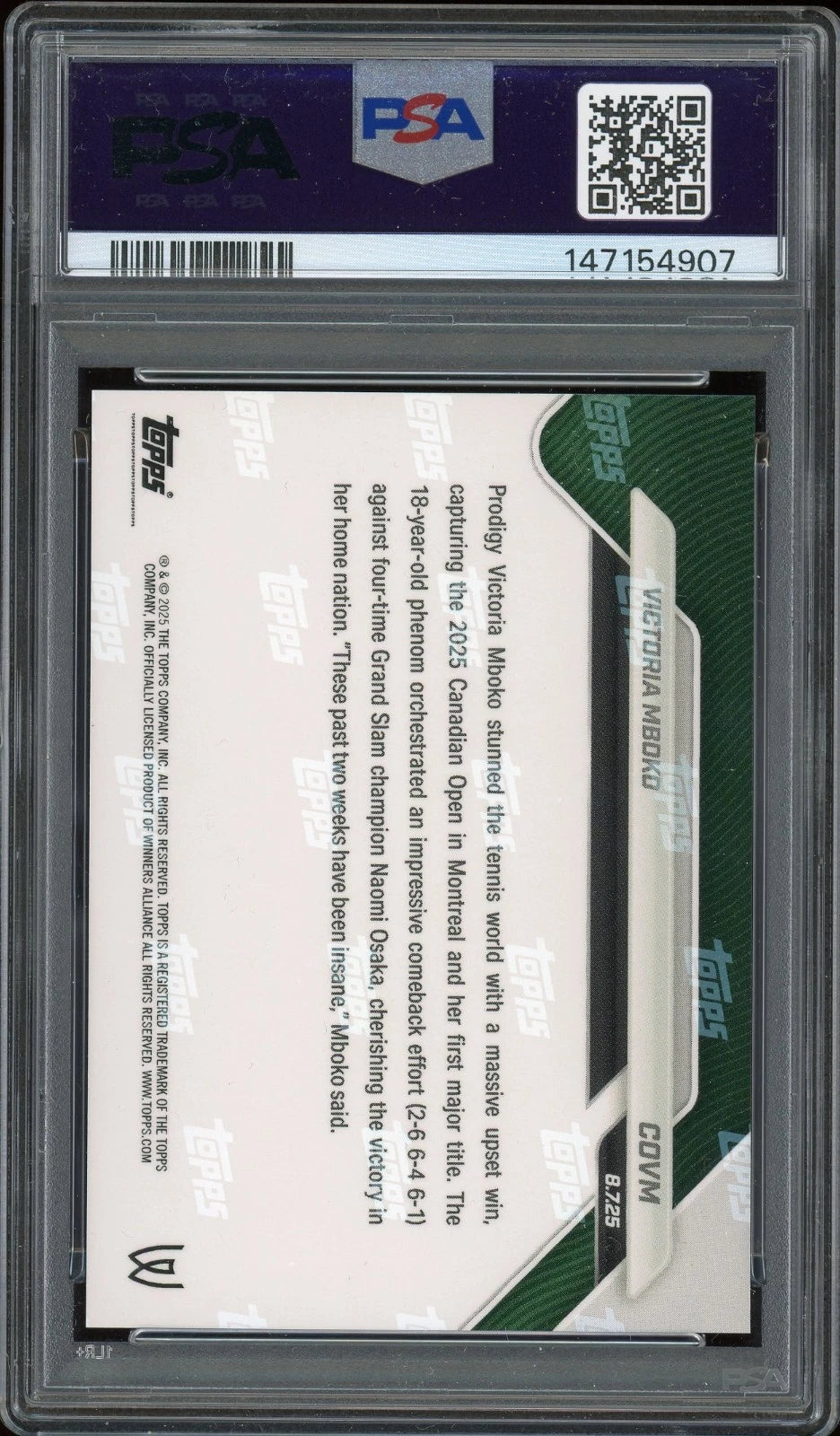 2025 Topps Now Tennis #COVM Victoria Mboko PSA 10 GEM MT