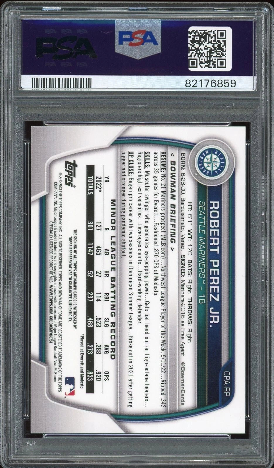 2023 Bowman #CPA-RP Robert Perez Jr Chrome Prospects Auto Blue Crater PSA 9 Mint
