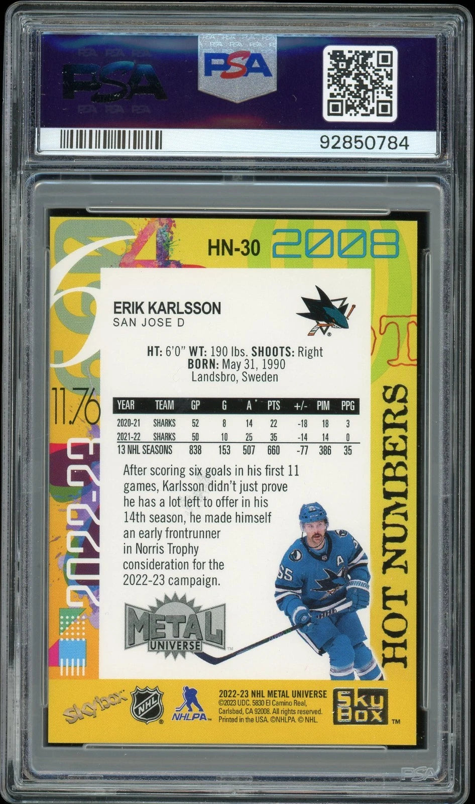 2022 Metal Universe #HN30 Erik Karlsson Hot Numbers PSA 10 GEM MT
