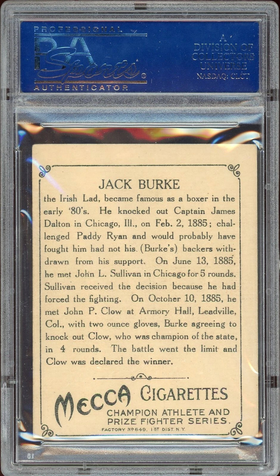 1910 Mecca Cigarettes T220 Jack Burke PSA 4 VG-EX