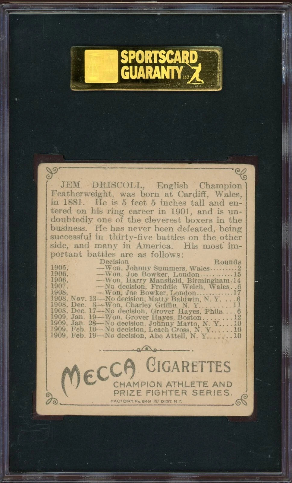 1910 Mecca Cigarettes T218 Jem Driscoll SGC 4