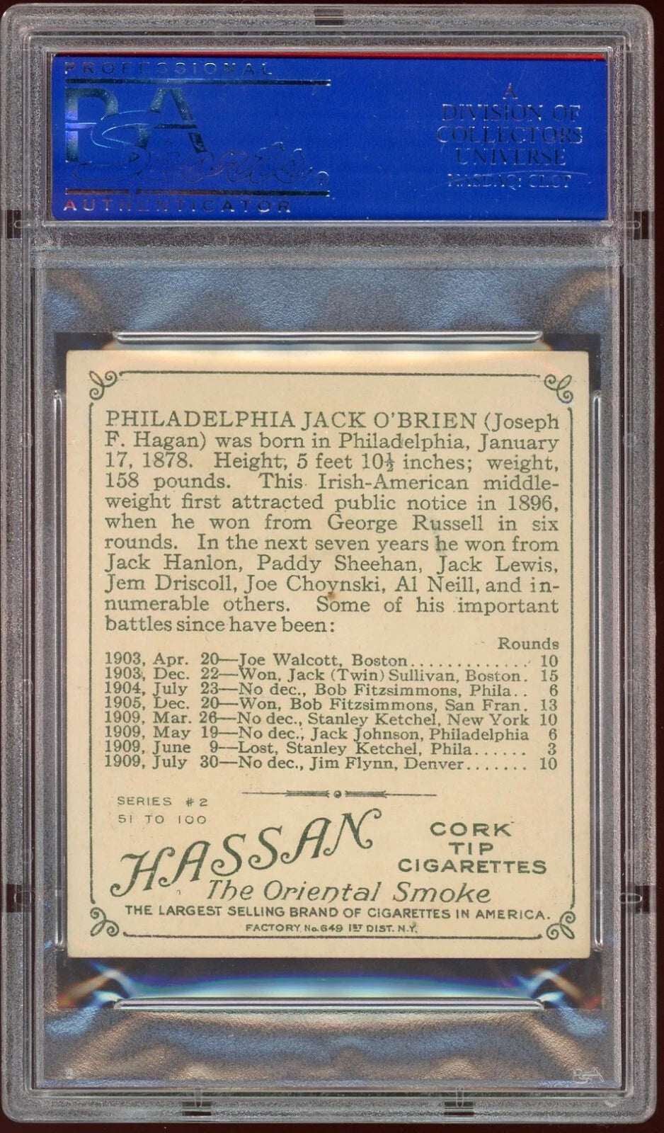 1910 Hassan Cigarettes T218 Philadelphia Jack O'Brien PSA 5 EX