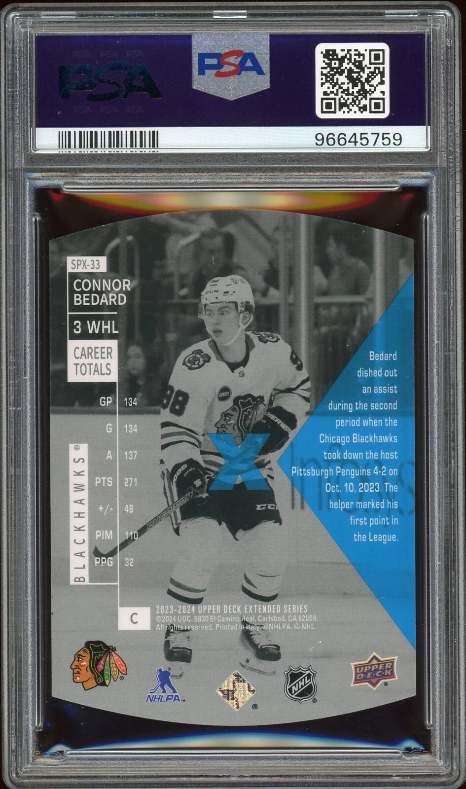 2023 Upper Deck #SPX33 Connor Bedard 1997-98 SPX Holoview Retros PSA 10 GEM MT