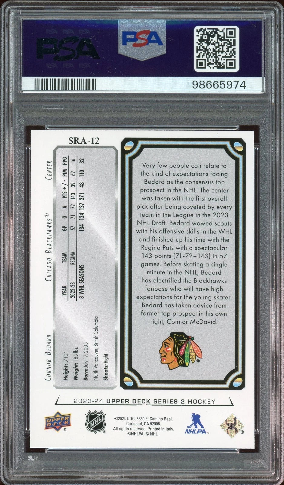 2023 Upper Deck #SRA12 Connor Bedard 92-93 Star Rookies Achievements PSA 9 Mint