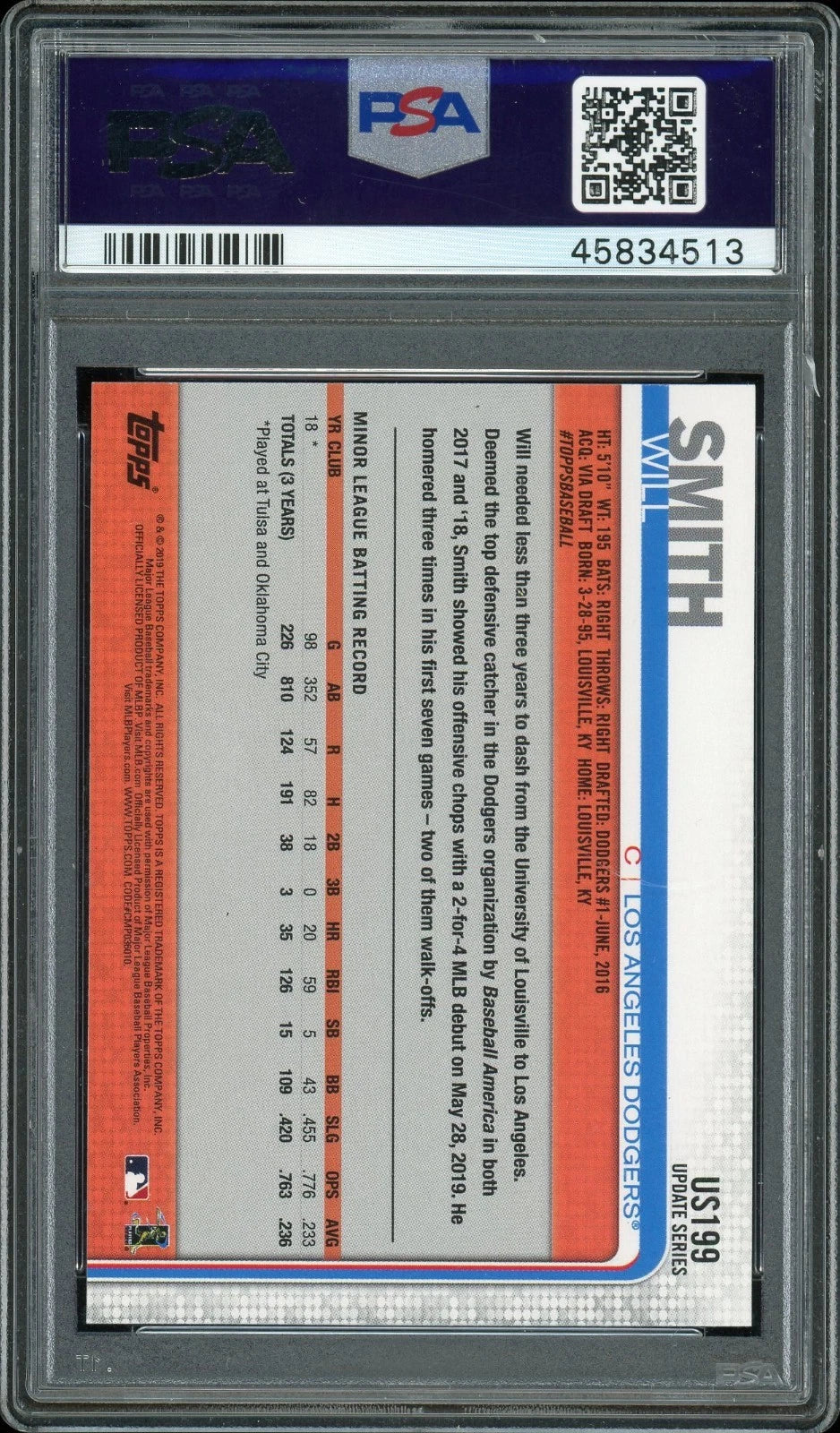 2019 Topps Update #US199 Will Smith Catcher's Gear PSA 10 GEM MT