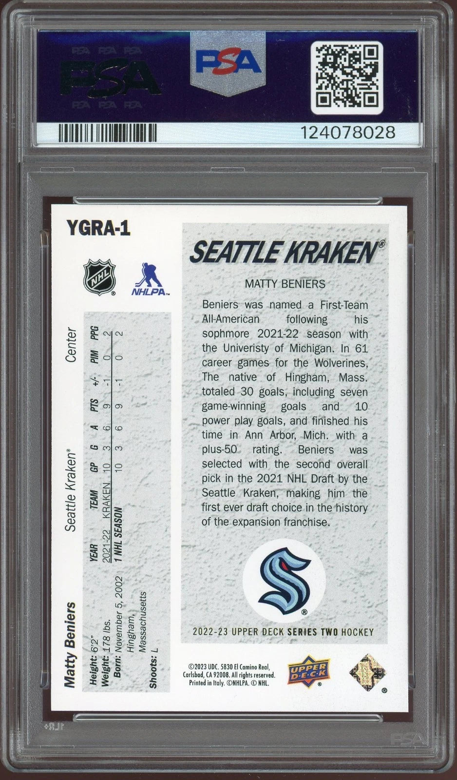 2022 Upper Deck #YGRA1 Matty Beniers 1991 Young Guns Retro Achievement Exclusives PSA 9 Mint