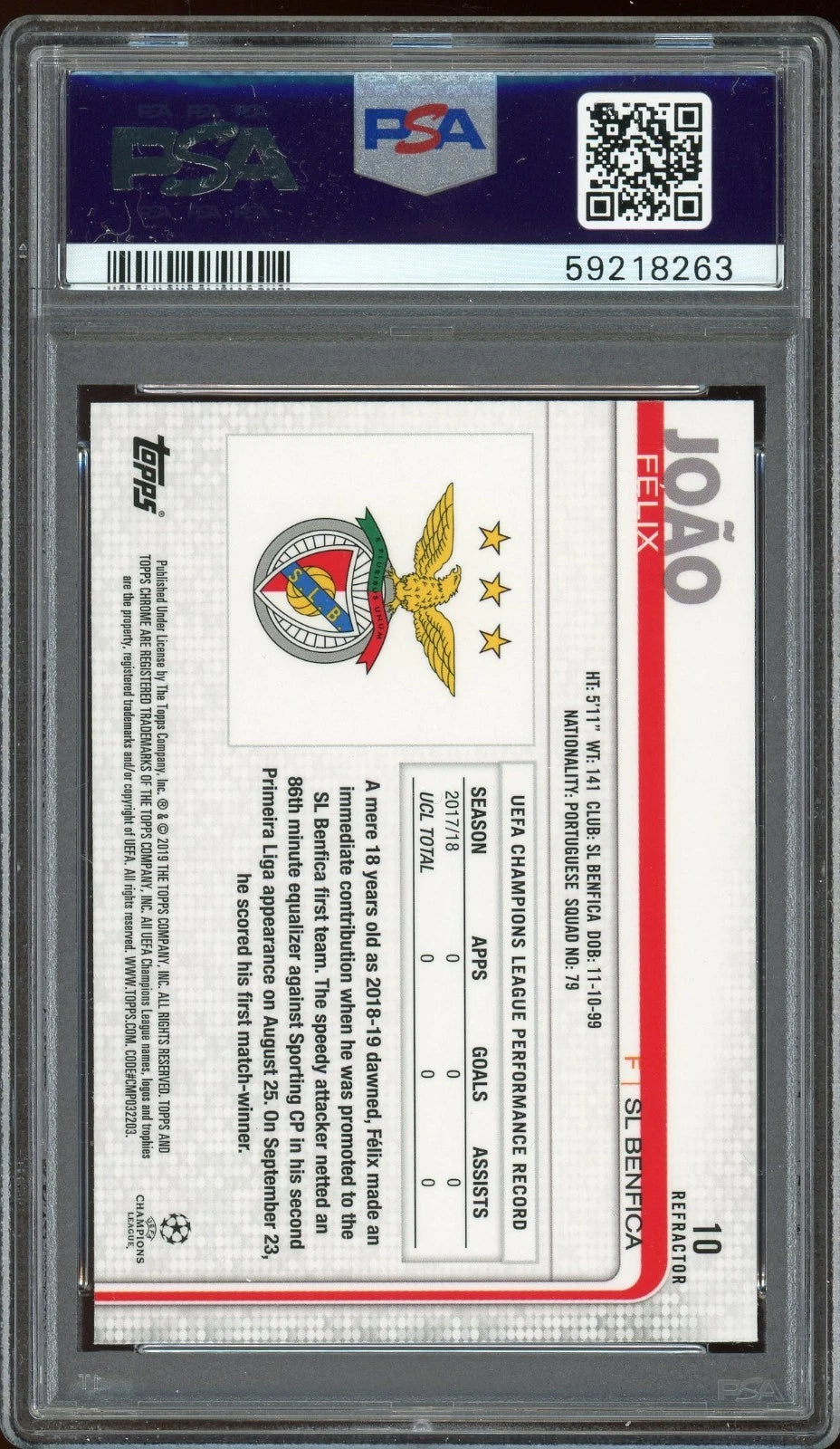 2018 Topps Chrome UCL #10 Joao Felix Refractor PSA 9