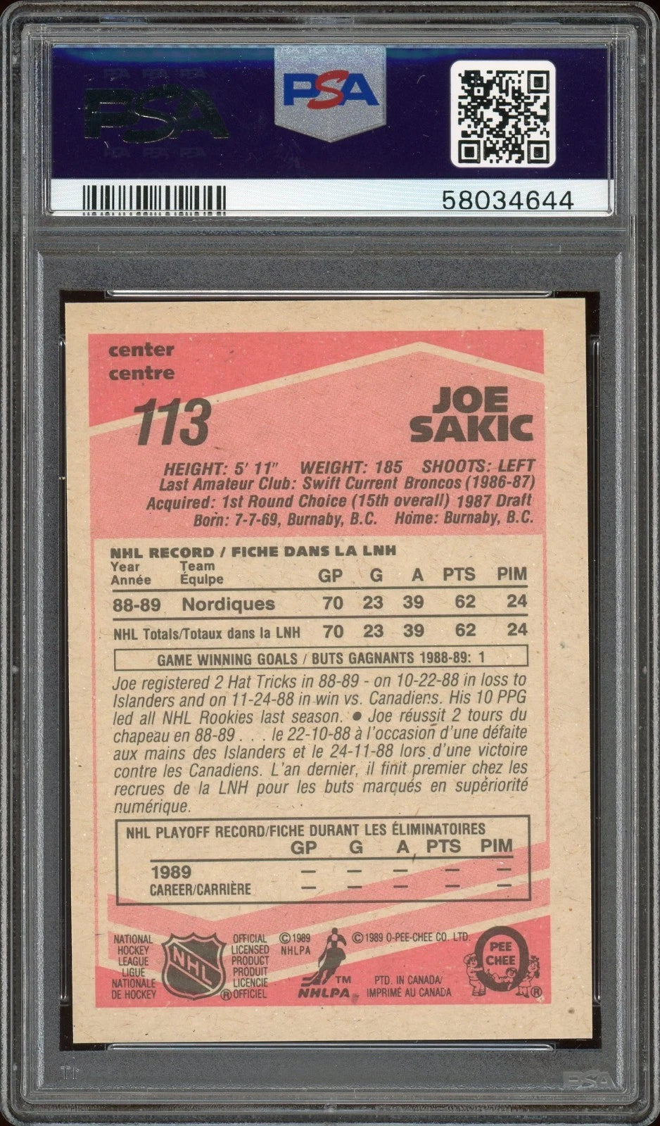 1989 O-Pee-Chee #113 Joe Sakic PSA 8 NM-MT