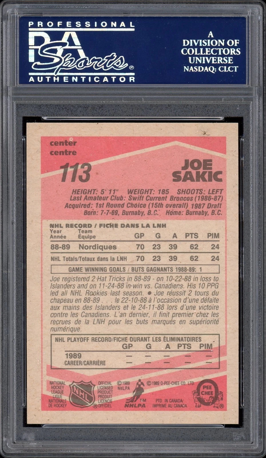 1989 O-Pee-Chee #113 Joe Sakic PSA 9