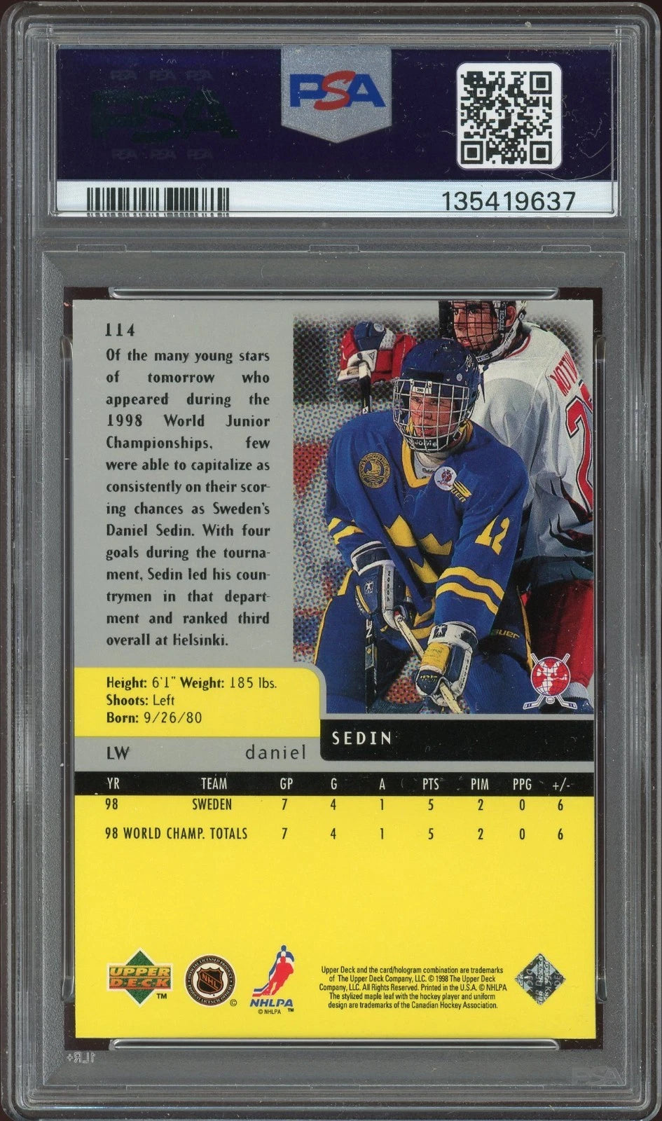 1997 UD Black Diamond #114 Daniel Sedin Single PSA 8 NM-MT