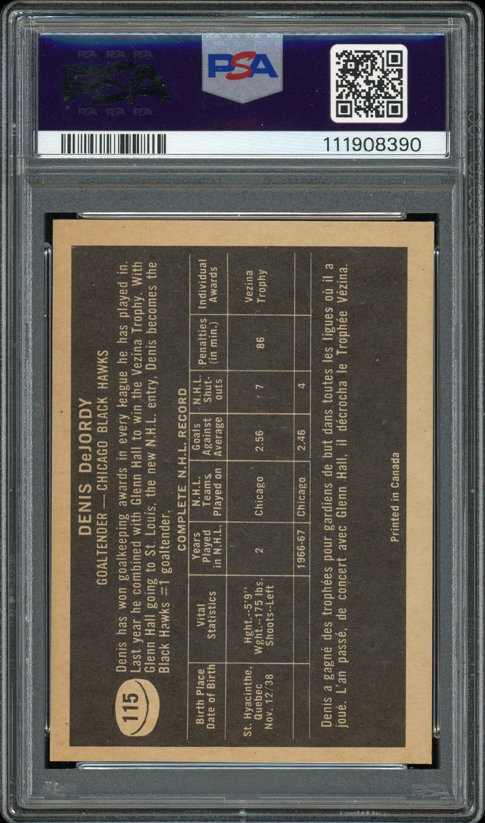 1967 Topps #115 Denis DeJordy PSA 9 Mint