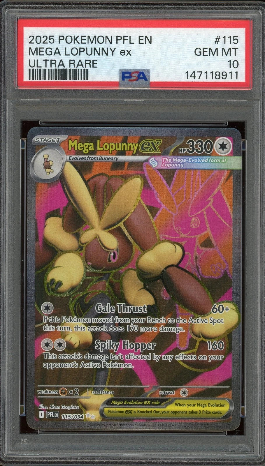 2025 Pokemon Phantasmal Flames PFL EN #115 Mega Lopunny ex Ultra Rare PSA 10 GEM MT