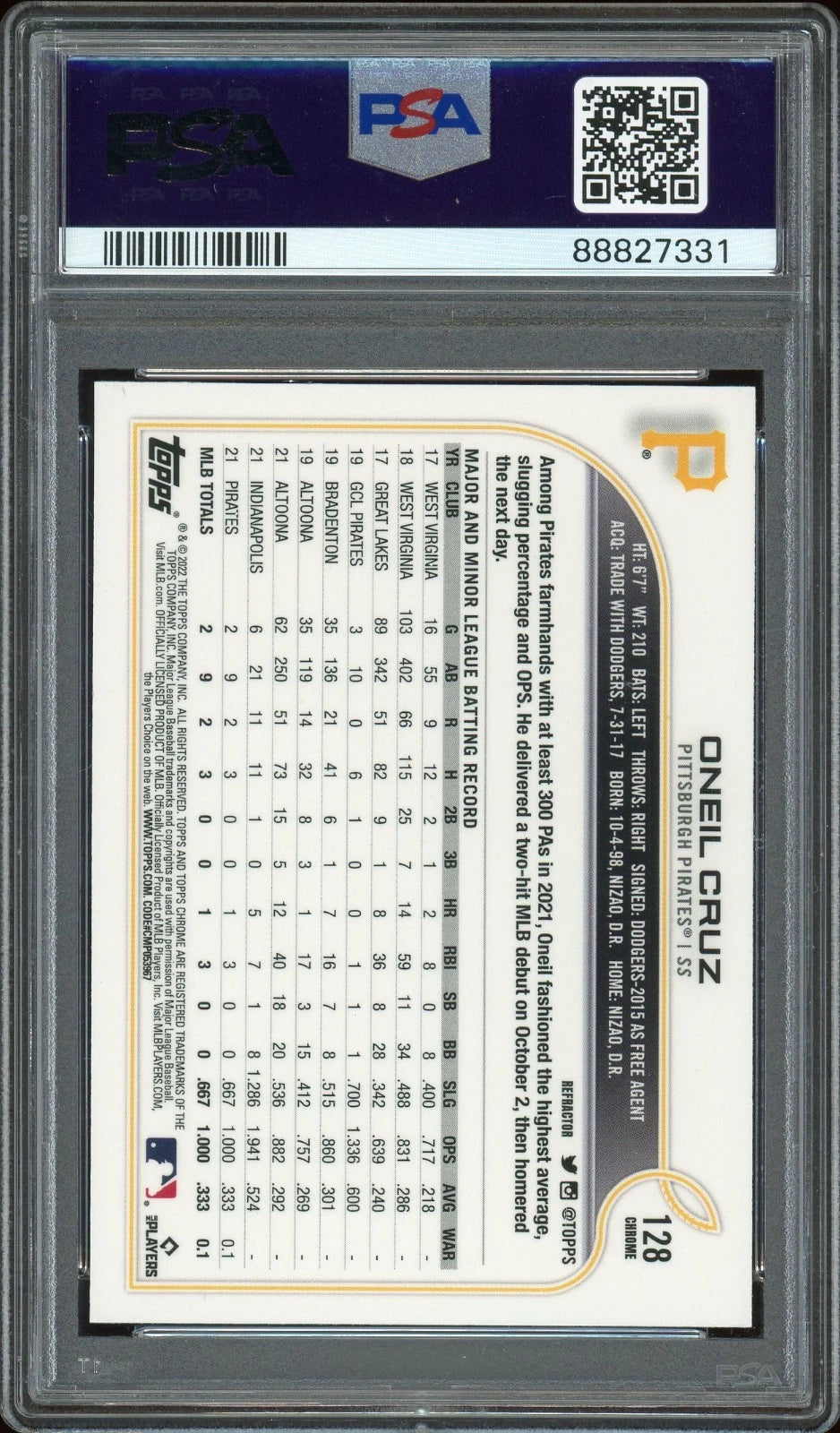 2022 Topps Chrome #128 Oneil Cruz Refractor PSA 10 GEM MT