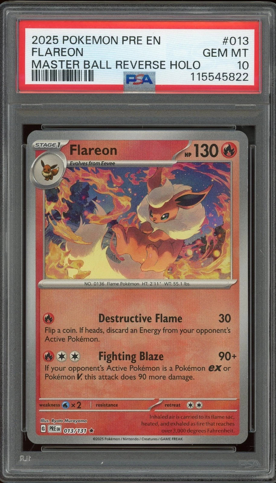 2025 Pokemon Prismatic Evolutions PRE EN #013 Flareon Master Ball Reverse Holo PSA 10 GEM MT