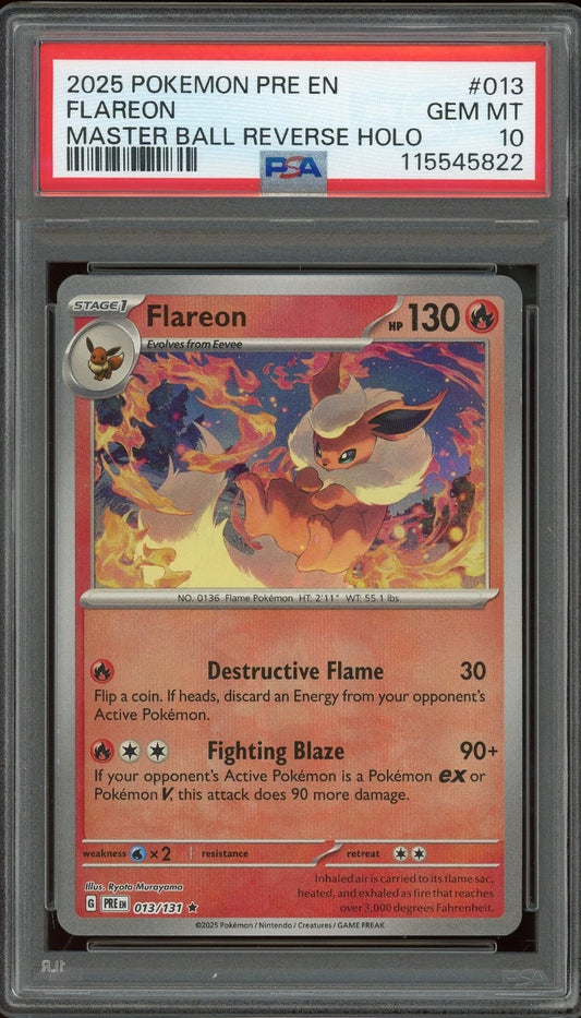 2025 Pokemon Prismatic Evolutions PRE EN #013 Flareon Master Ball Reverse Holo PSA 10 GEM MT