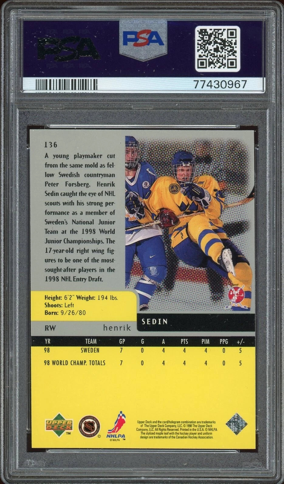 1997 UD Black Diamond #136 Henrik Sedin Single PSA 8