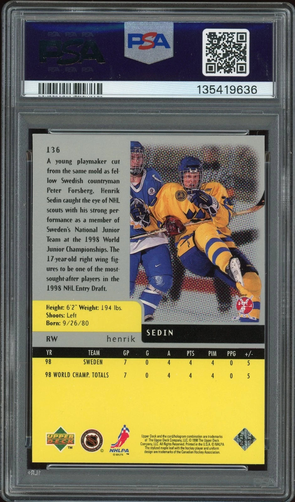 1997 UD Black Diamond #136 Henrik Sedin Single PSA 7