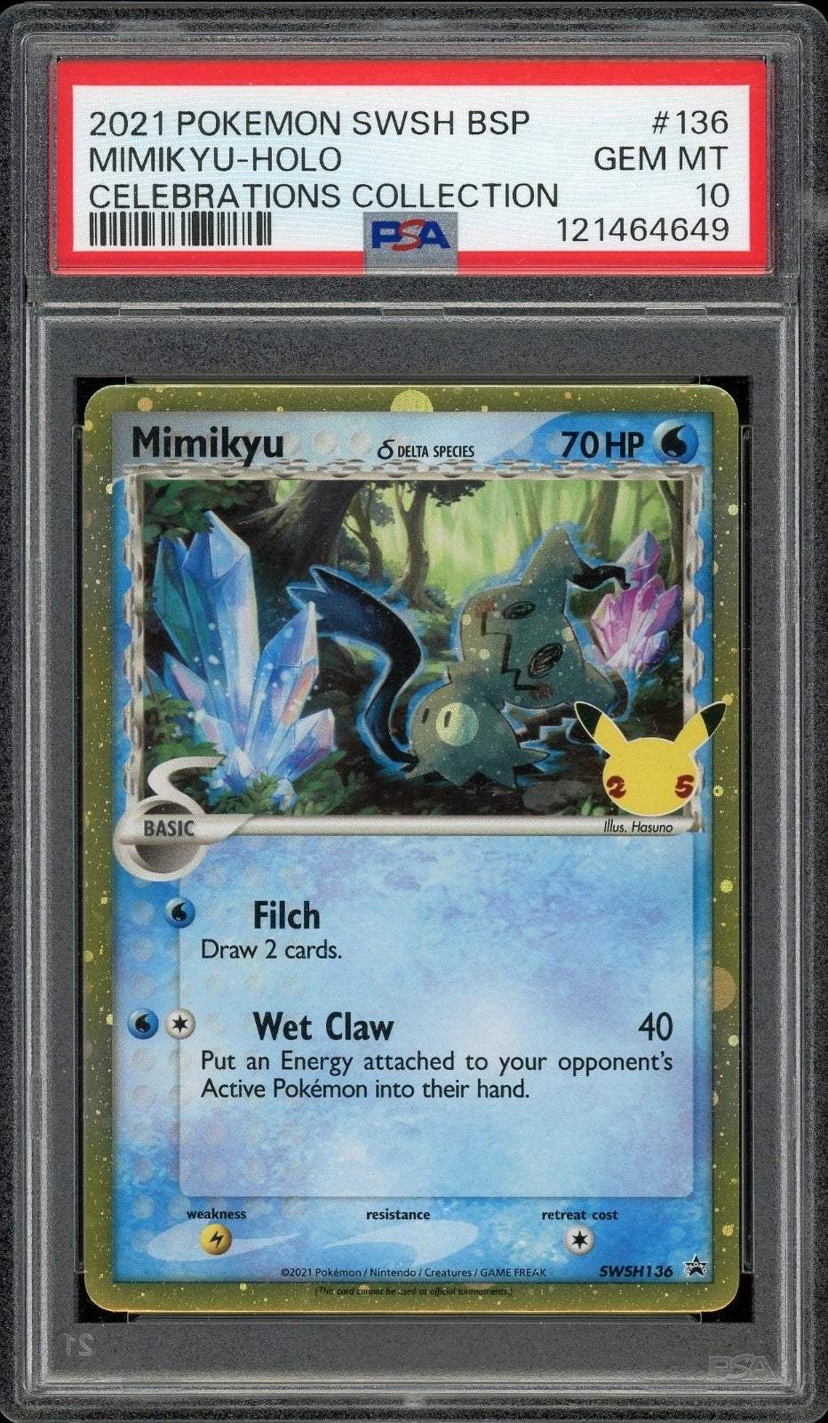 2021 Pokémon Sword & Shield Black Star Promo #136 Mimikyu Holo Celebrations Collector Chest PSA 10