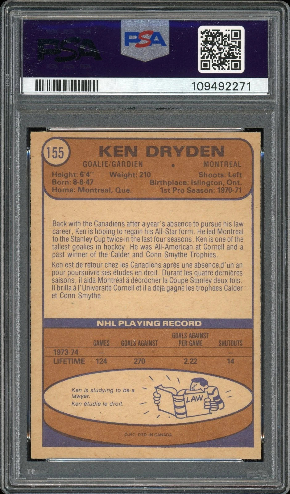 1974 O-Pee-Chee #155 Ken Dryden PSA 4 VG-EX