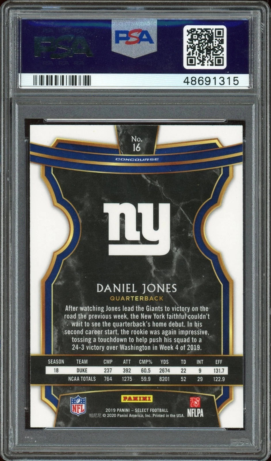 2019 Panini Select #16 Daniel Jones Concourse PSA 10 GEM MT