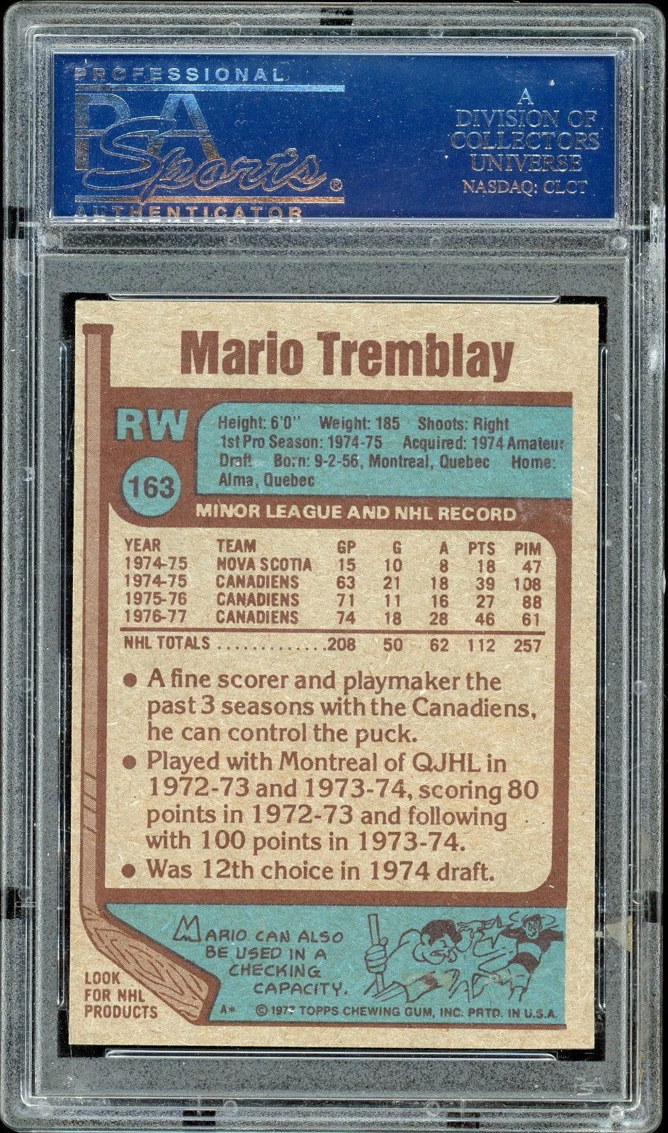 1977 Topps #163 Mario Tremblay PSA 9 Mint