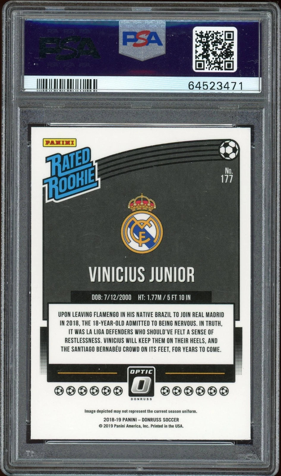 2018 Panini Donruss #177 Vinicius Junior Optic PSA 9 Mint