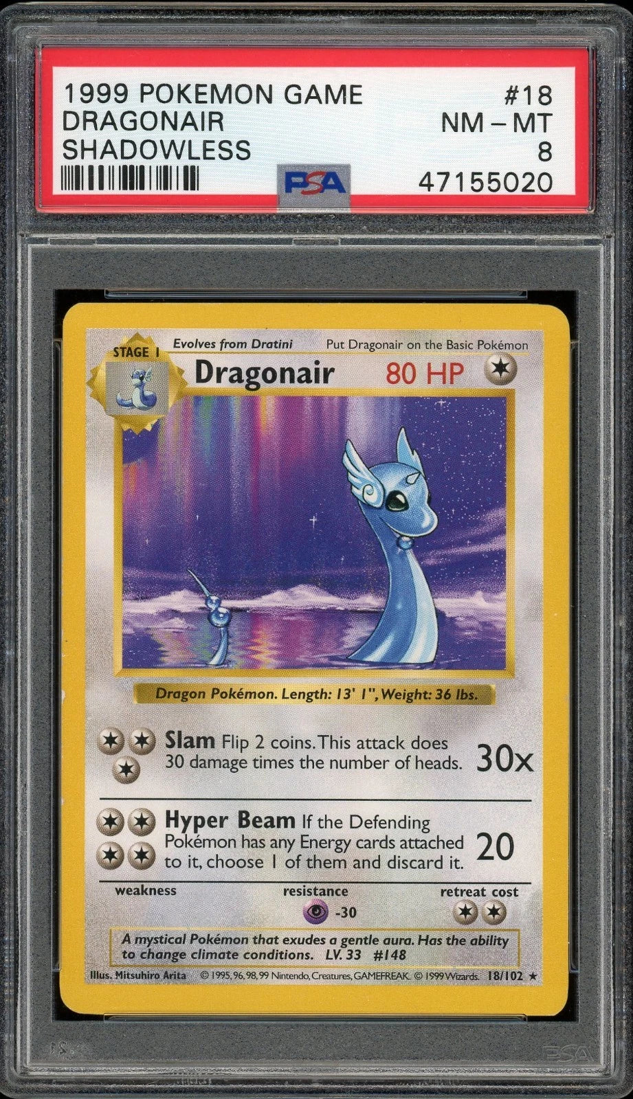 1999 Pokemon Game Shadowless #18 Dragonair PSA 8 Nm-MT