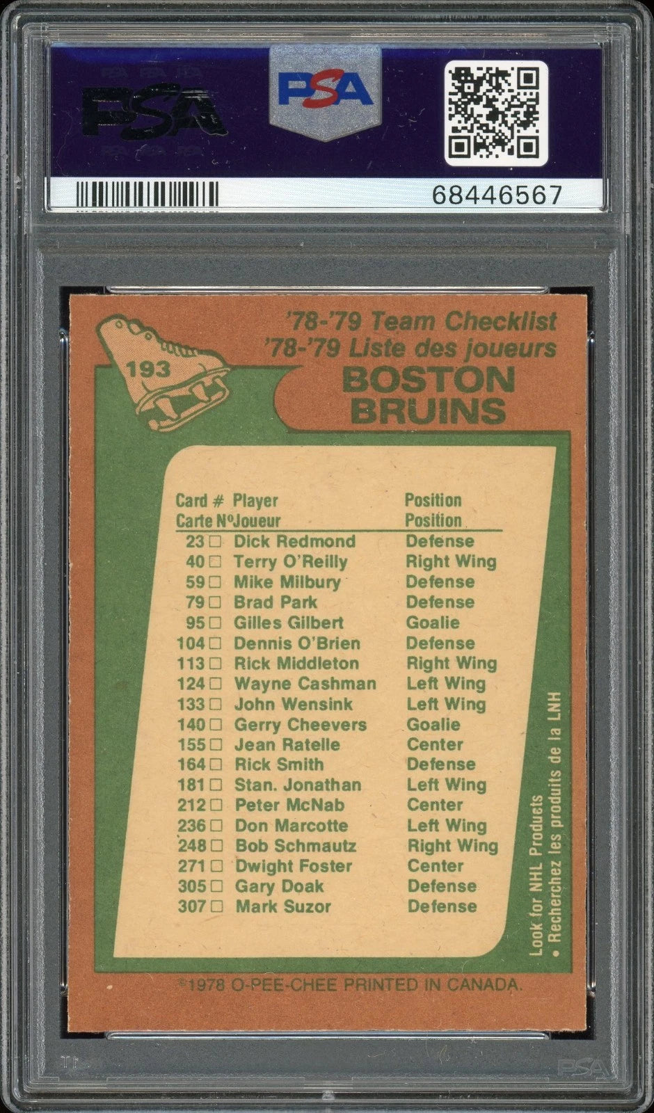 1978 O-Pee-Chee #193 Bruins Team PSA 8 NM-MT