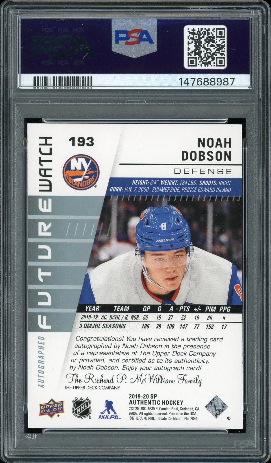 2019 SP Authentic #193 Noah Dobson Autograph PSA 9 Mint