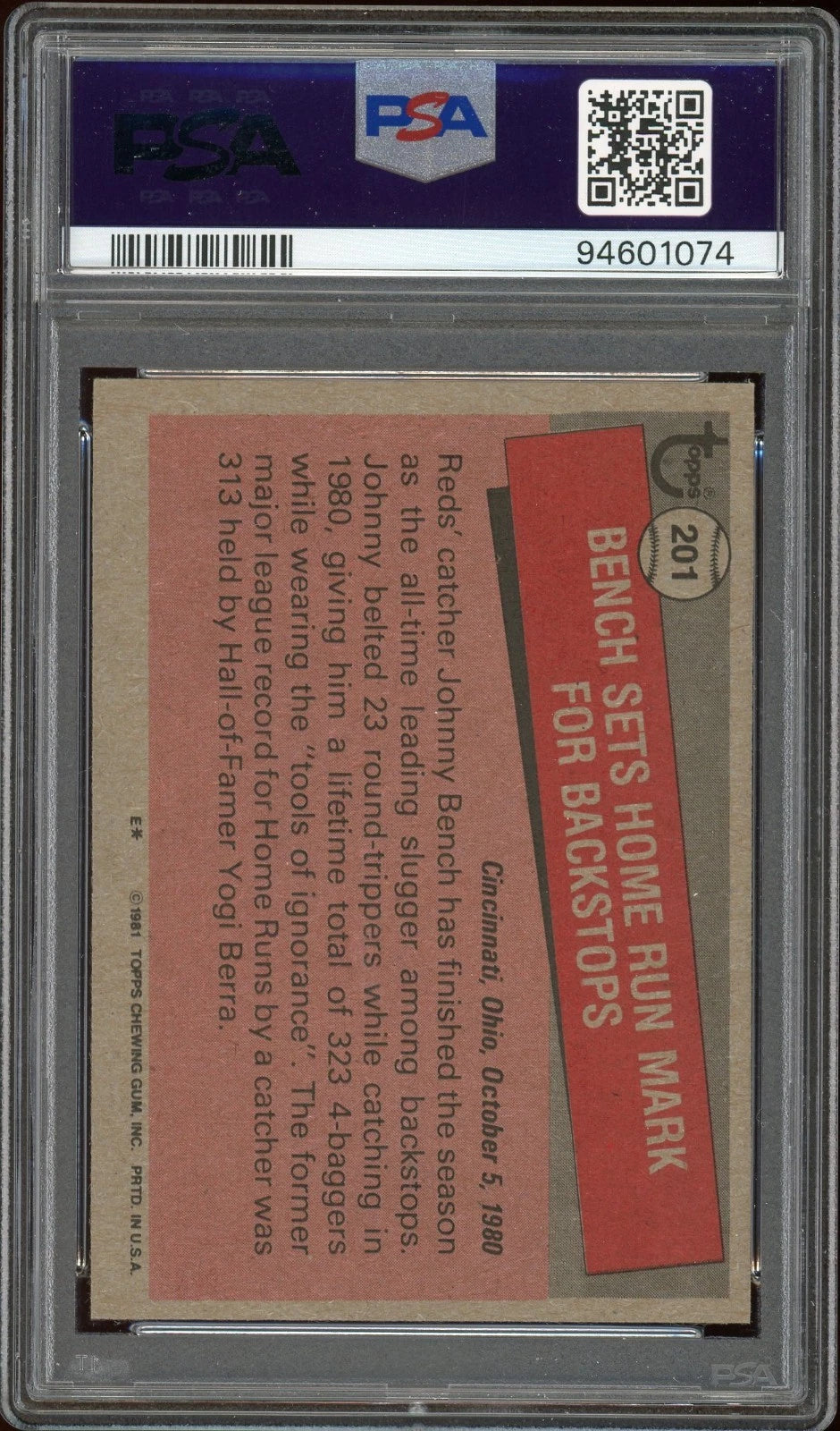 1981 Topps #201 Johnny Bench Record Breaker PSA 9 Mint