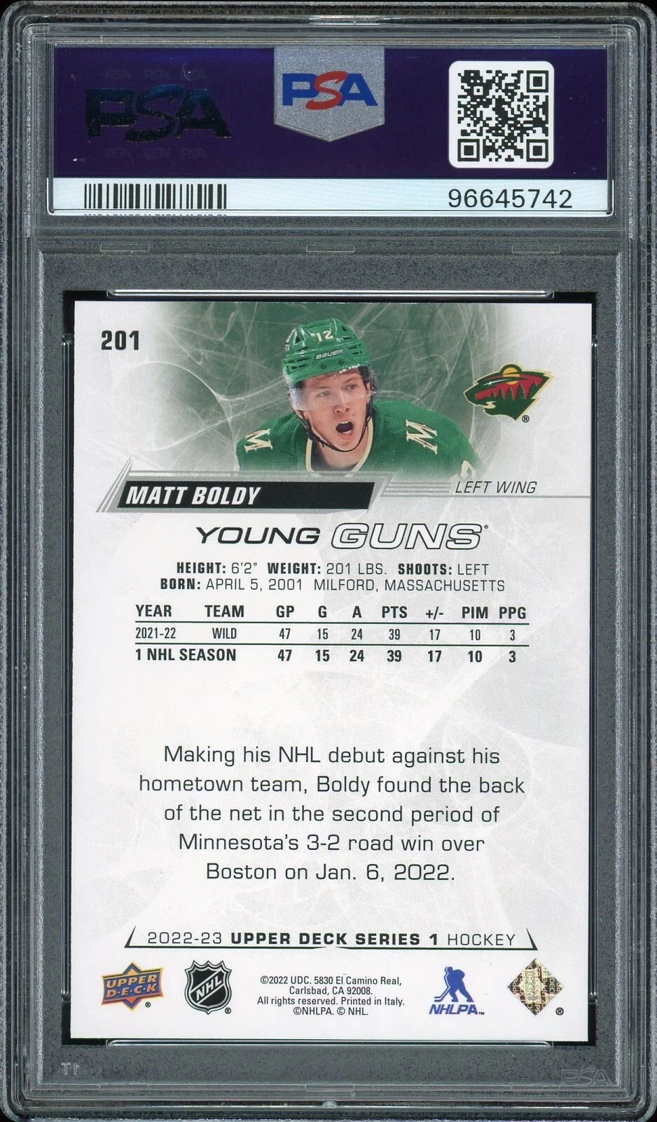 2022 Upper Deck #201 Matt Boldy PSA 9 Mint