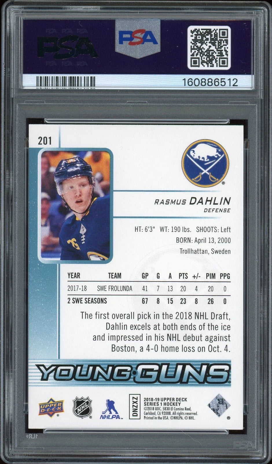 2018 Upper Deck #201 Rasmus Dahlin PSA 10 GEM MT
