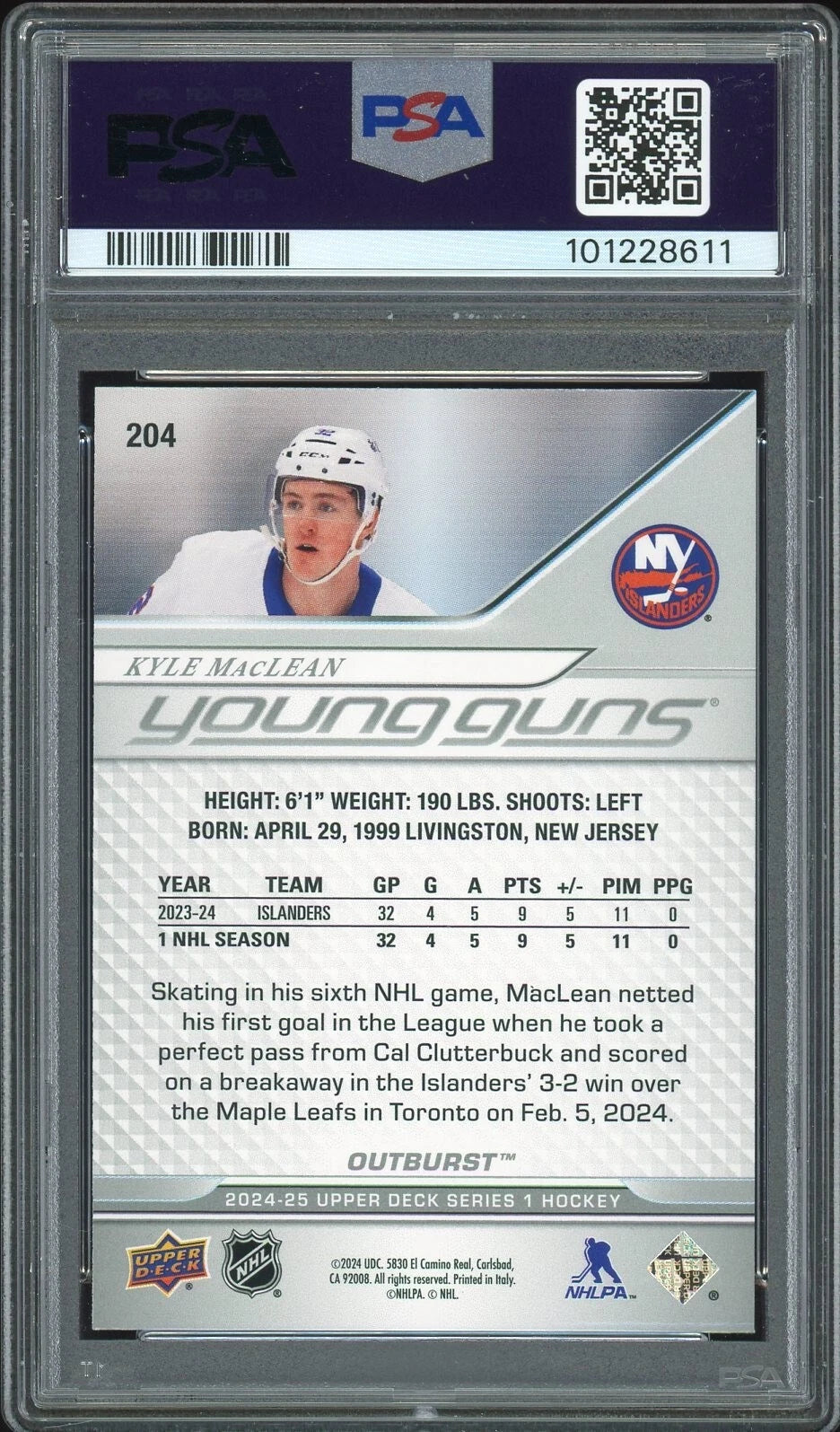 2024 Upper Deck #204 Kyle MacLean Outburst Silver PSA 6 EX-MT