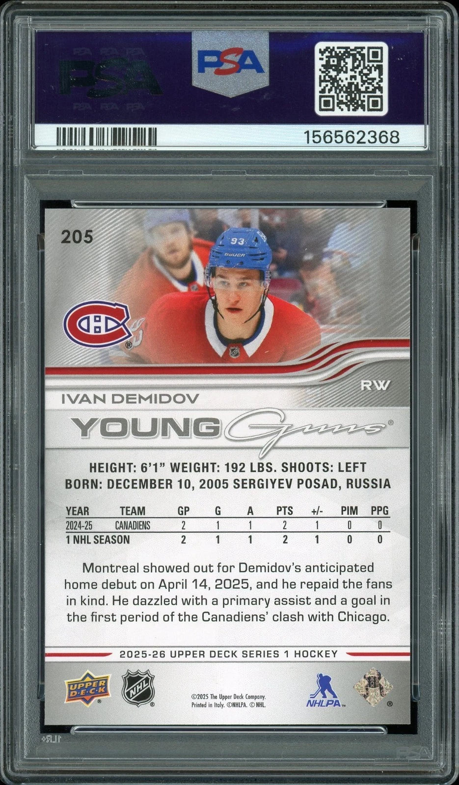 2025 Upper Deck #205 Ivan Demidov PSA 10 GEM MT