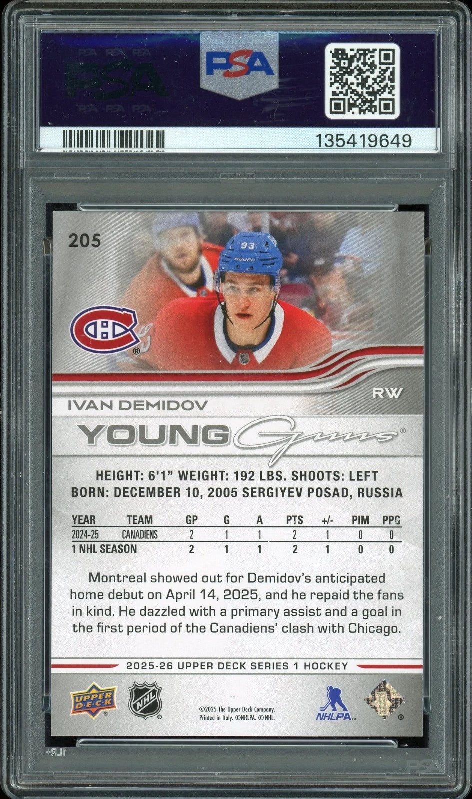 2025 Upper Deck #205 Ivan Demidov PSA 9 Mint