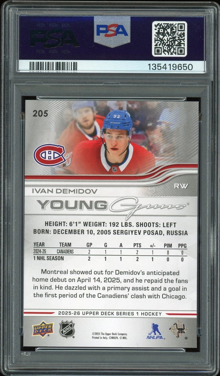 2025 Upper Deck #205 Ivan Demidov PSA 8 NM-MT