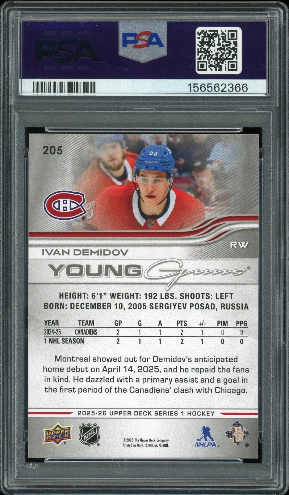 2025 Upper Deck #205 Ivan Demidov PSA 8 NM-MT